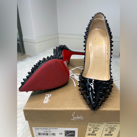 Authentic Christian Louboutin Patent Spikes 120mm Heels, Black  SZ 38. - Picture 2 of 4